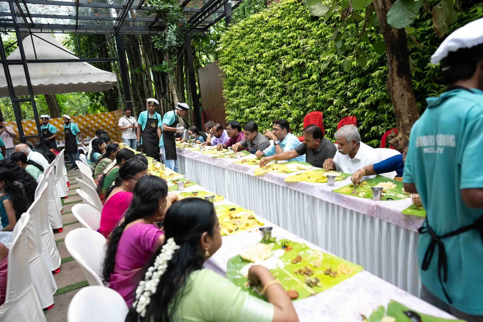 Guests served a feast on banana leaves